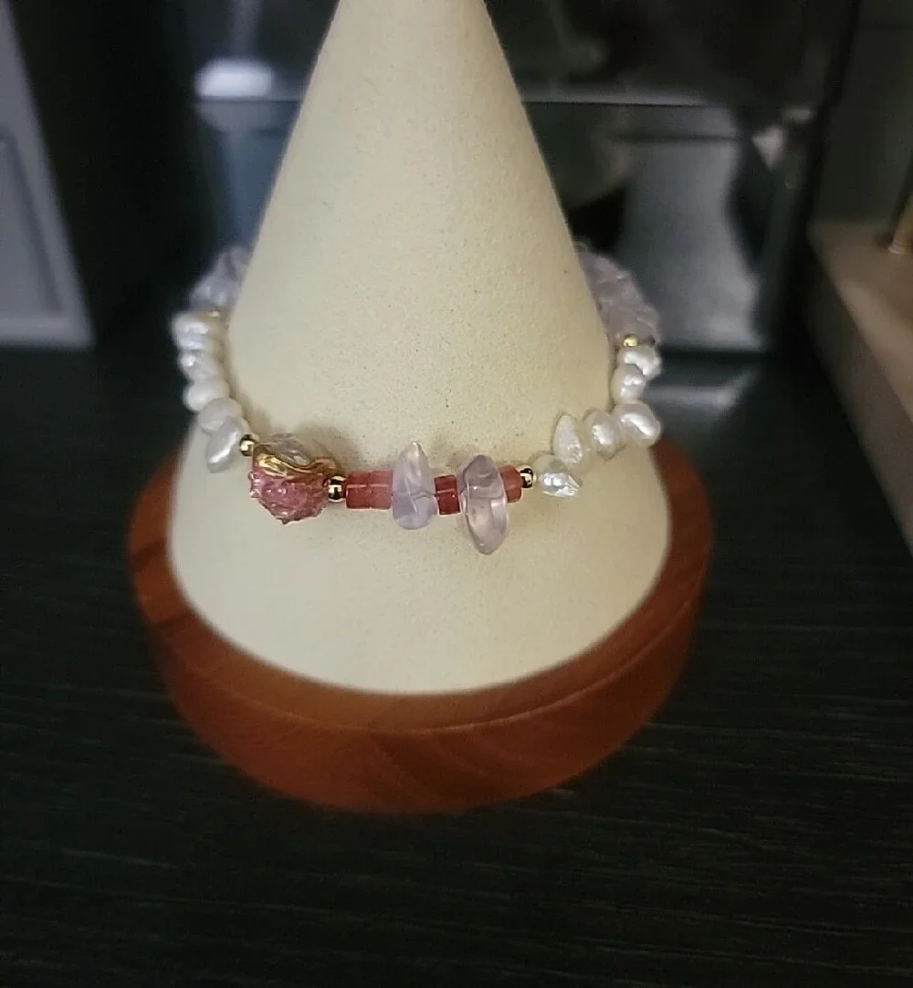 Real Freshwater Pearl & Pink Rose Quartz Crystal Chip Stretch Bracelet